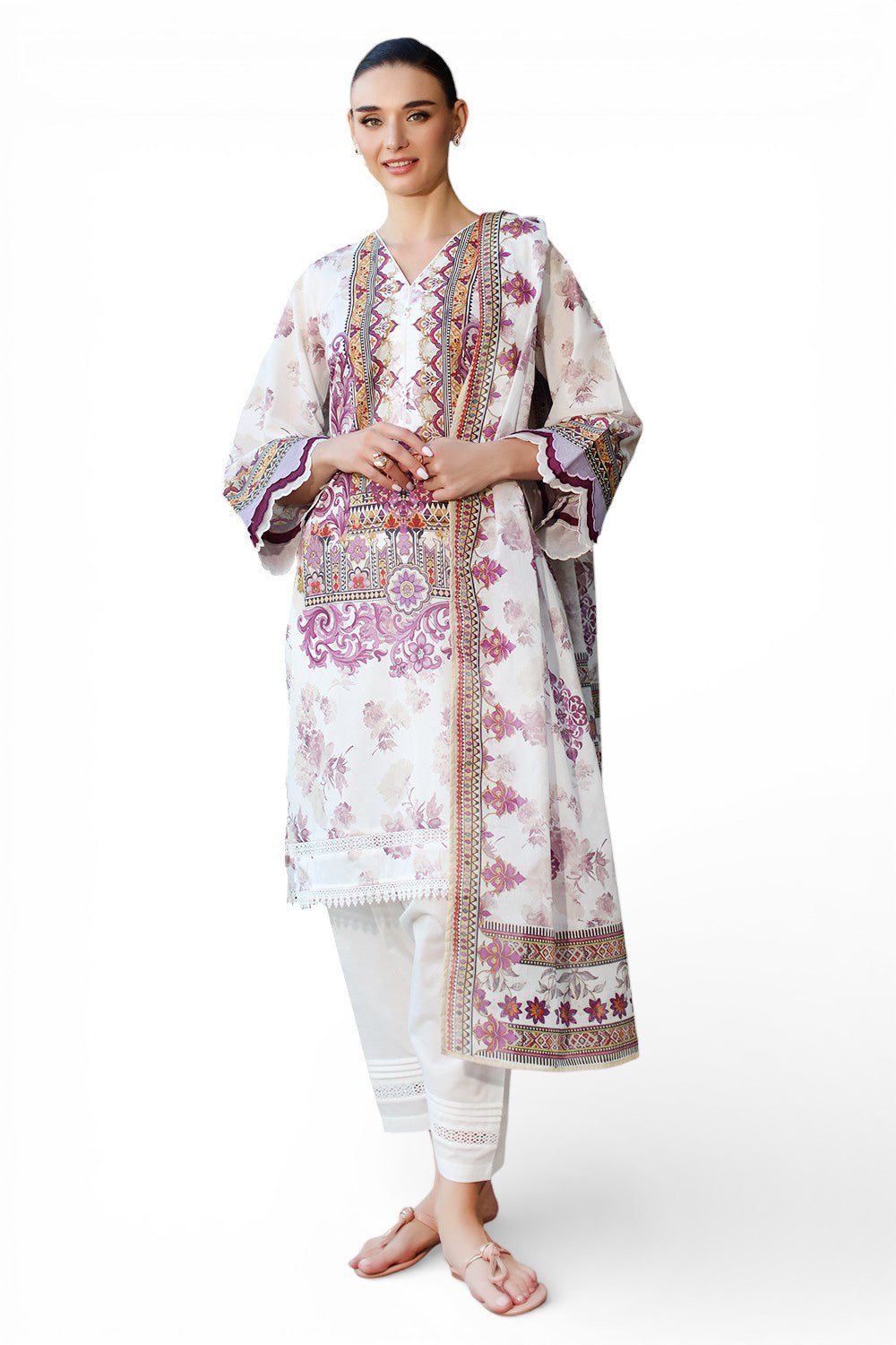 White Floral Printed Unstitched Lawn 3-Piece Suit
