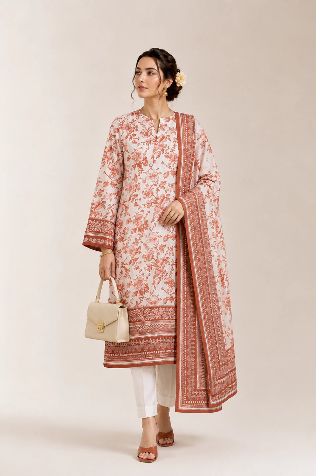 Rose Garden — Peach Floral Printed Unstitched 3-Piece Suit