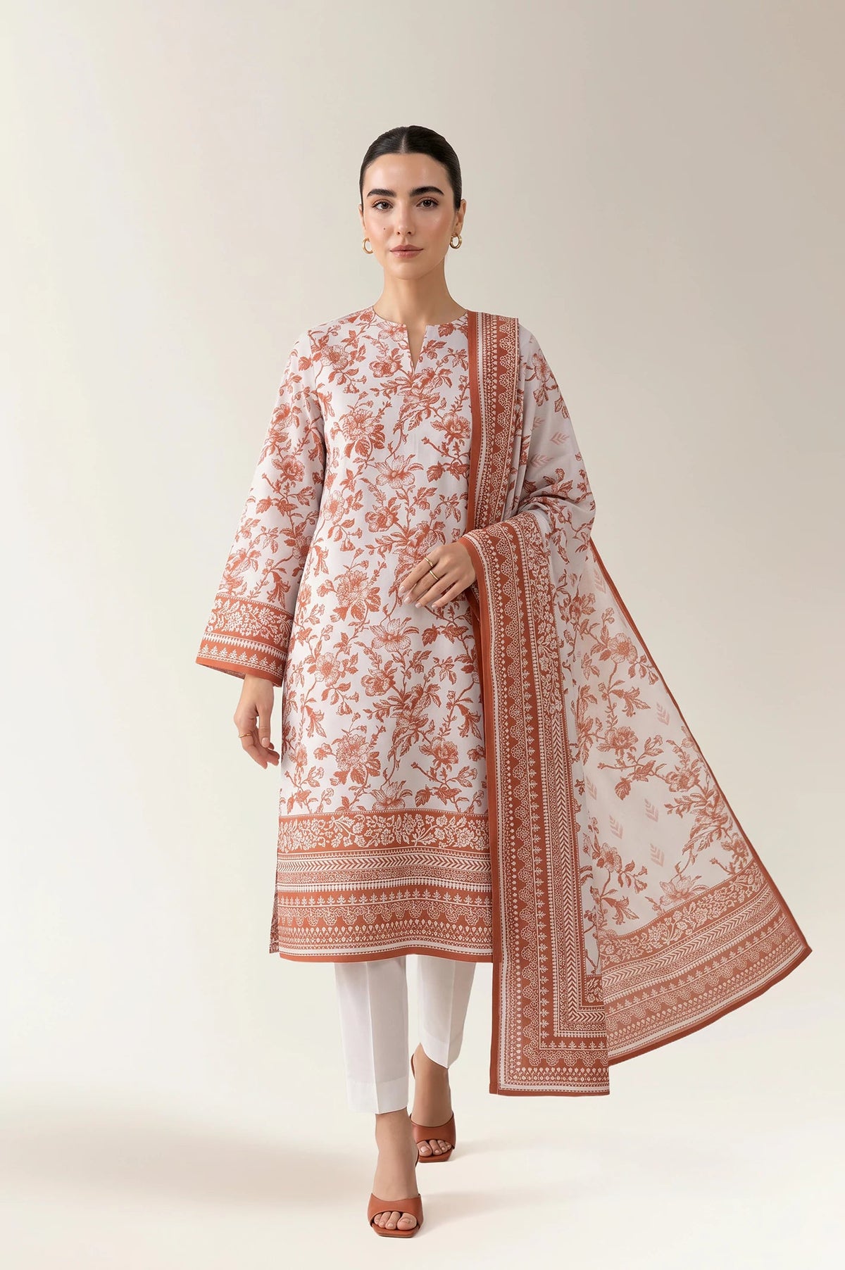 Rose Garden — Peach Floral Printed Unstitched 3-Piece Suit
