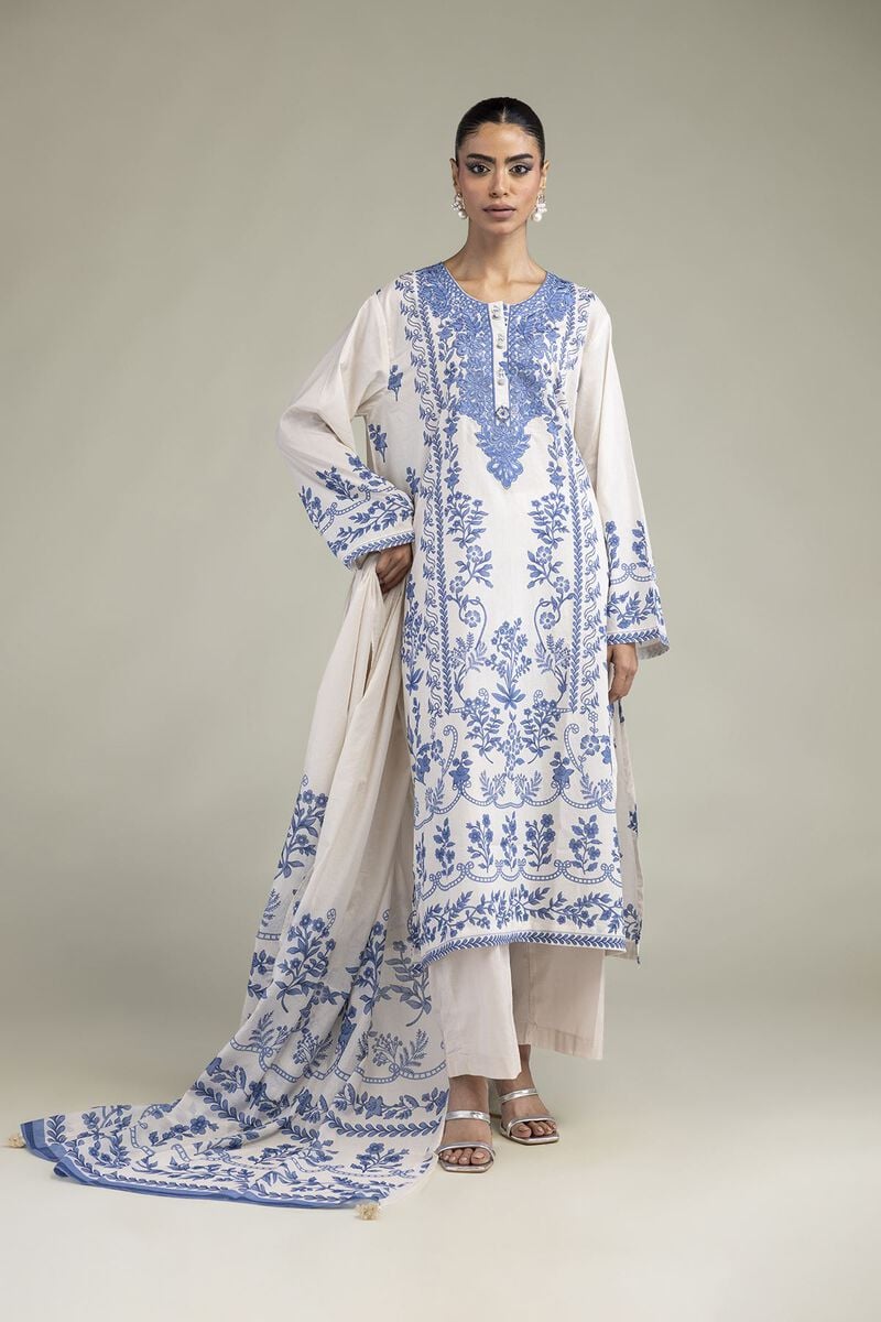 Azure Bloom — White & Blue Floral Printed Unstitched 3-Piece Suit