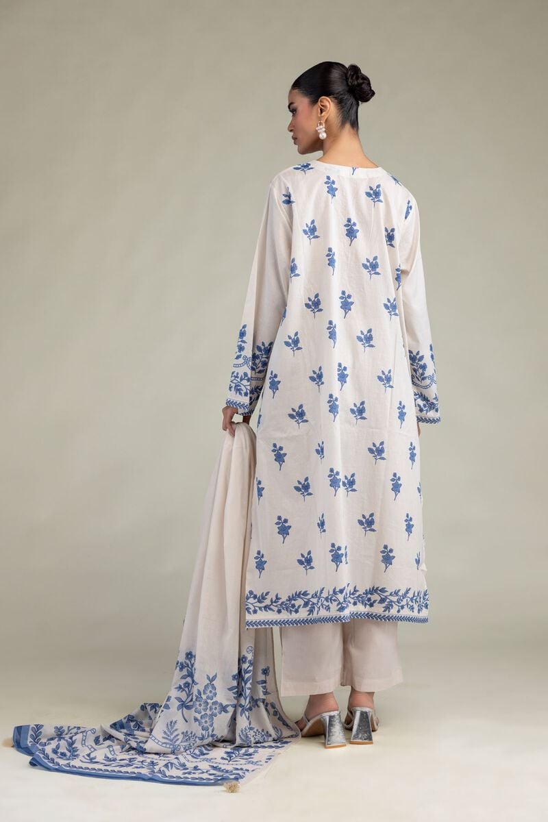Azure Bloom — White & Blue Floral Printed Unstitched 3-Piece Suit