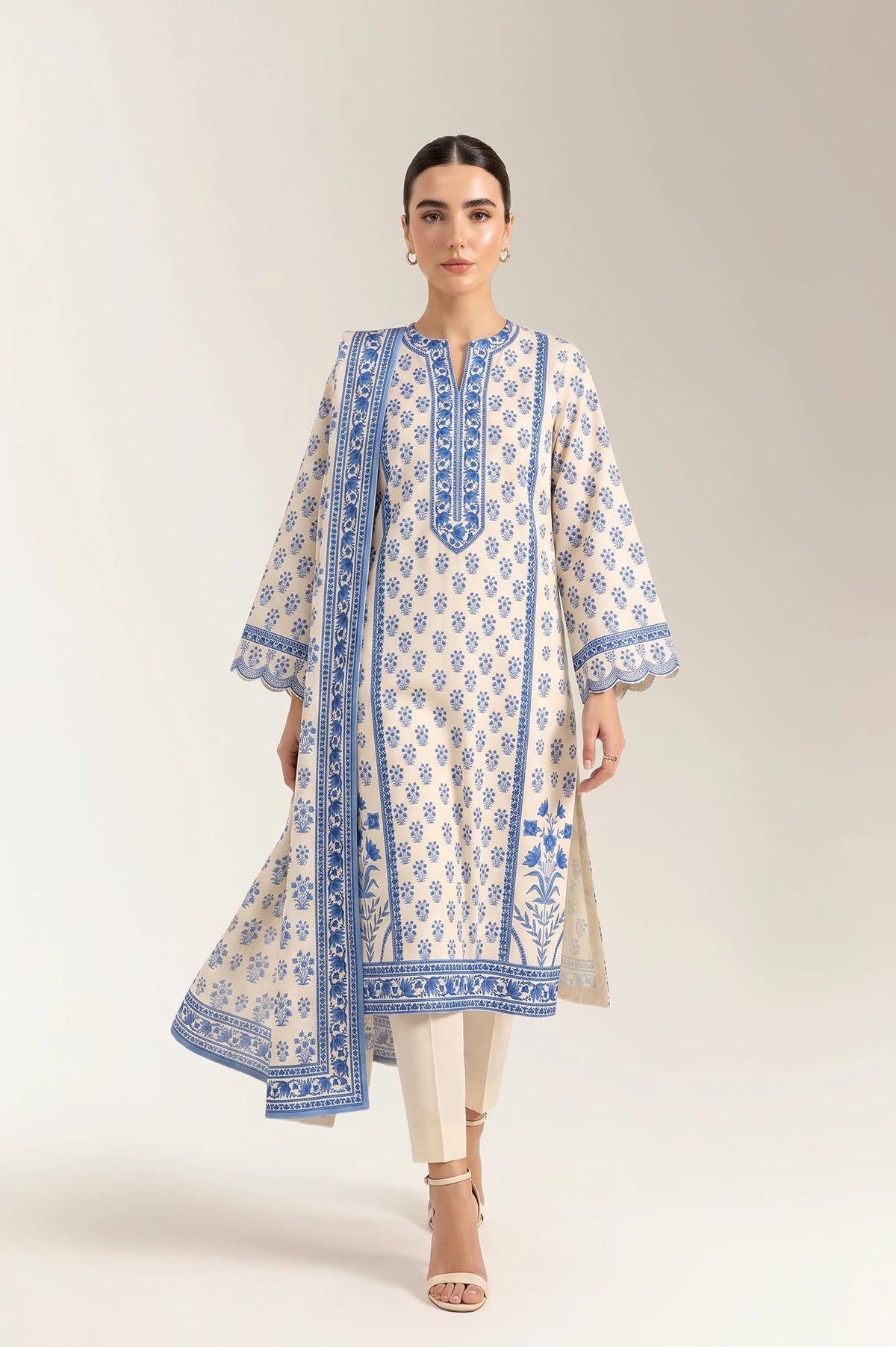 Indigo Buti — White & Blue Floral Buti Printed Unstitched 3-Piece Suit