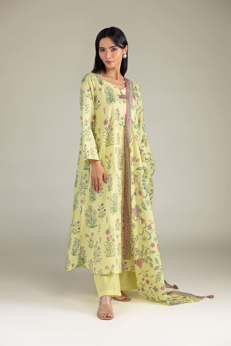Lime Green Botanical Floral Printed Unstitched 2-Piece Suit