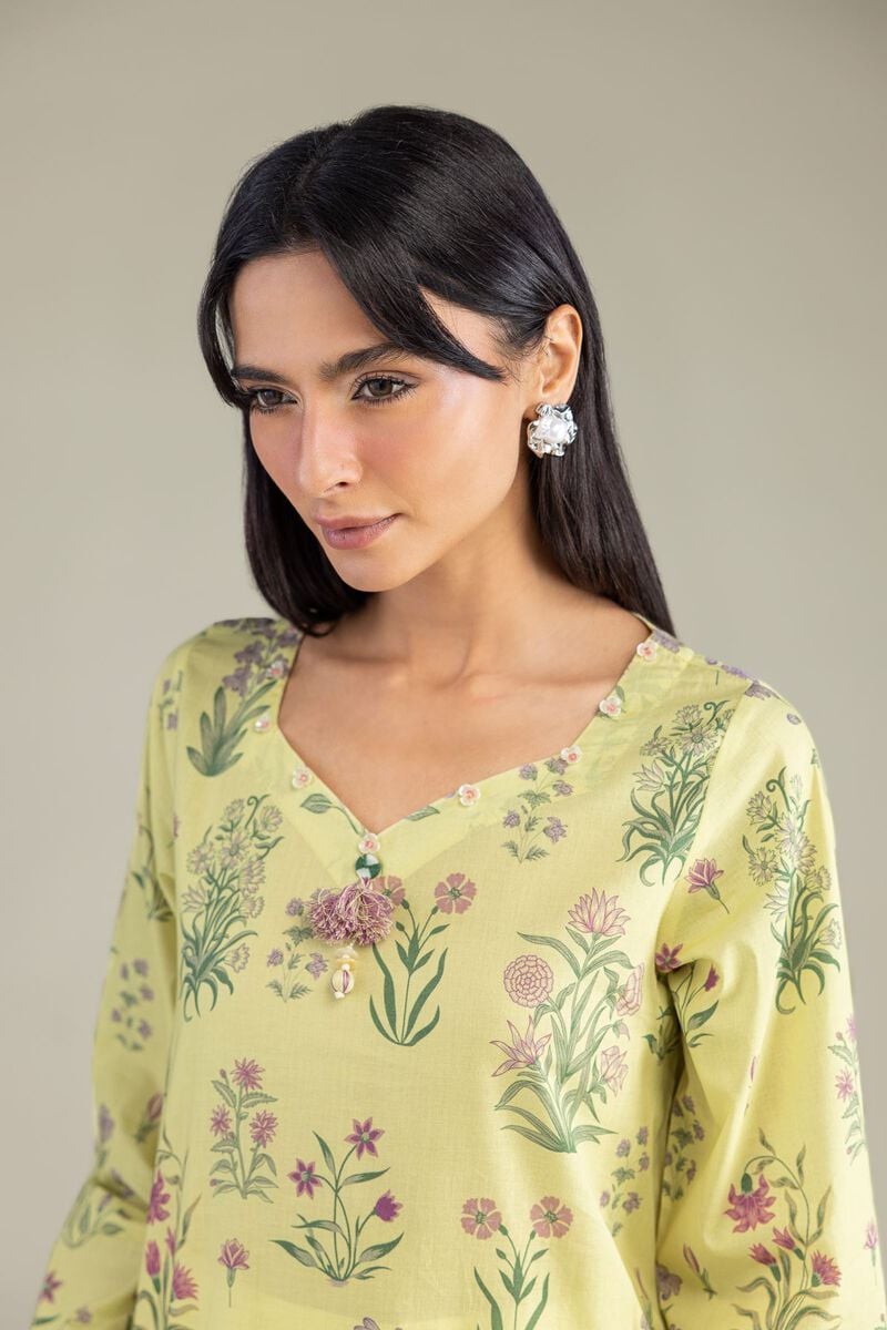 Lime Green Botanical Floral Printed Unstitched 2-Piece Suit