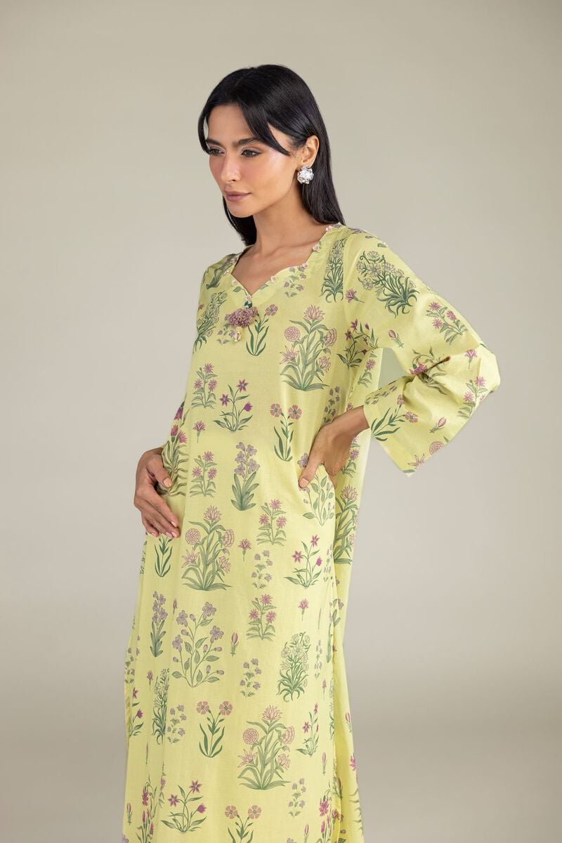 Lime Green Botanical Floral Printed Unstitched 2-Piece Suit