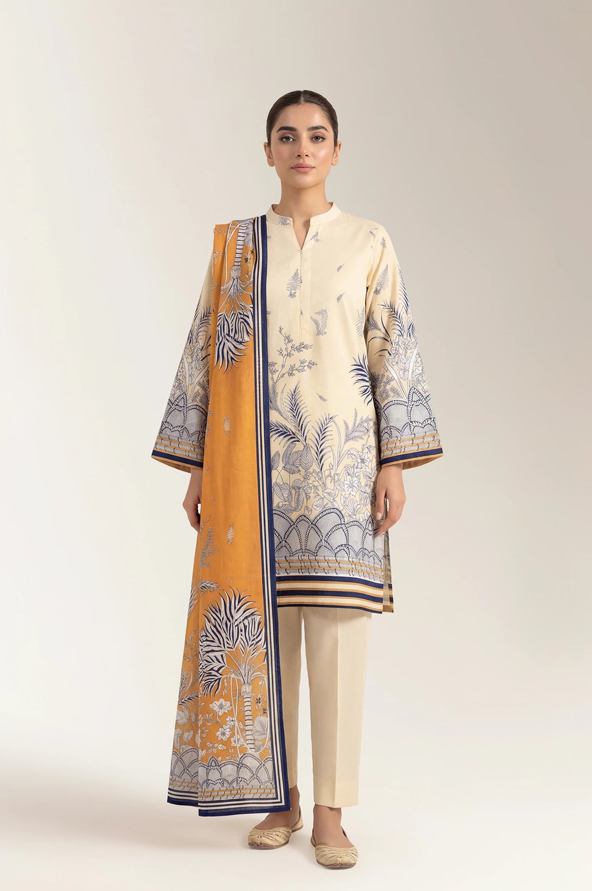 Golden Fern — Cream & Mustard Botanical Printed Unstitched 3-Piece Suit