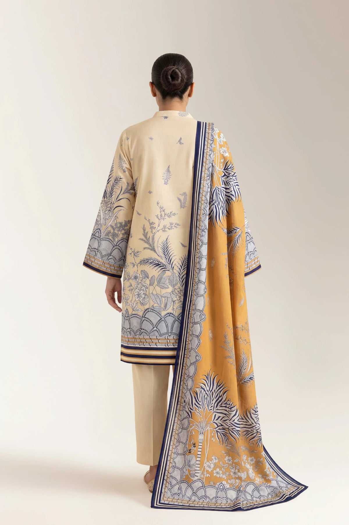Golden Fern — Cream & Mustard Botanical Printed Unstitched 3-Piece Suit