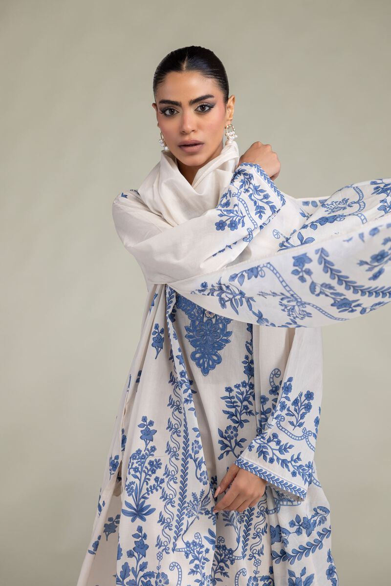 Azure Bloom — White & Blue Floral Printed Unstitched 3-Piece Suit