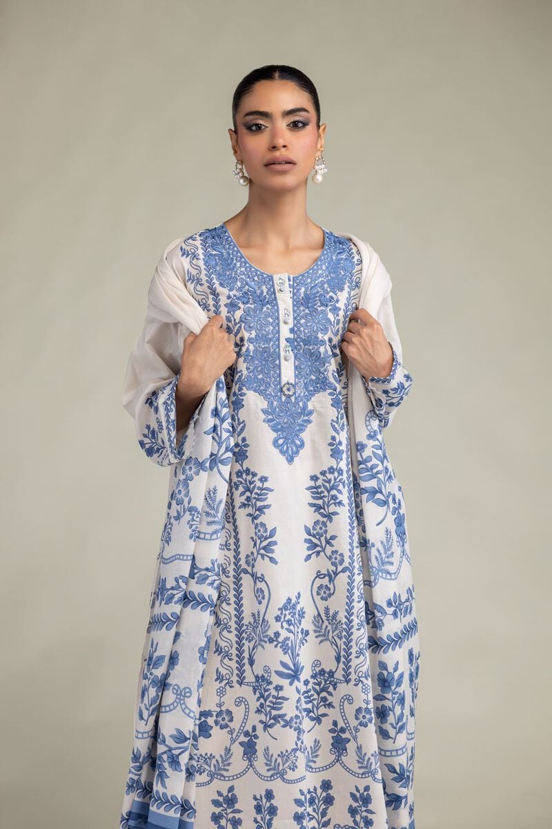 Azure Bloom — White & Blue Floral Printed Unstitched 3-Piece Suit